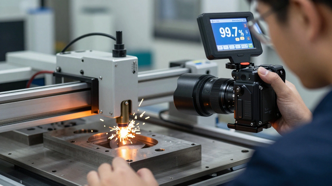 Техник использует ИИ-камеру для проверки металлических деталей на брак.