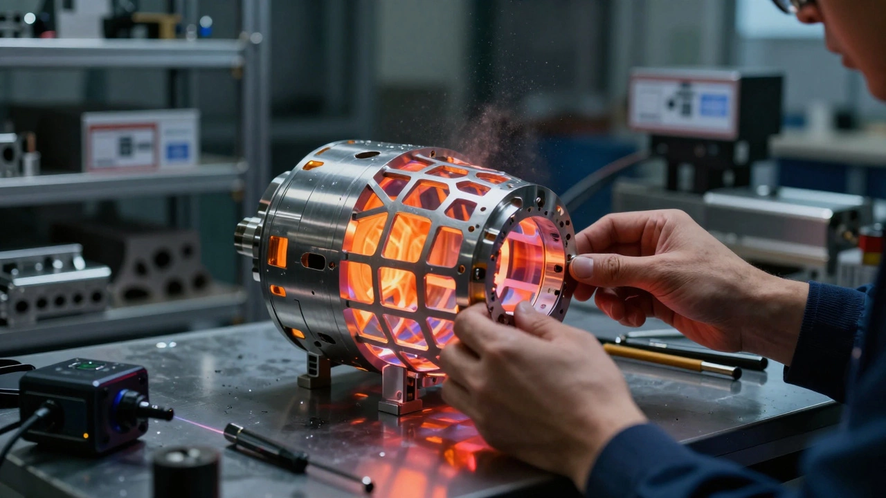 Техник работает с металлической деталью, напечатанной на 3D-принтере, видны внутренние структуры и тепловые напряжения.