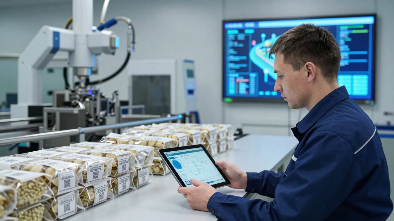 Техник следит за панелью предиктивного обслуживания, за ним — автоматизированная упаковка.