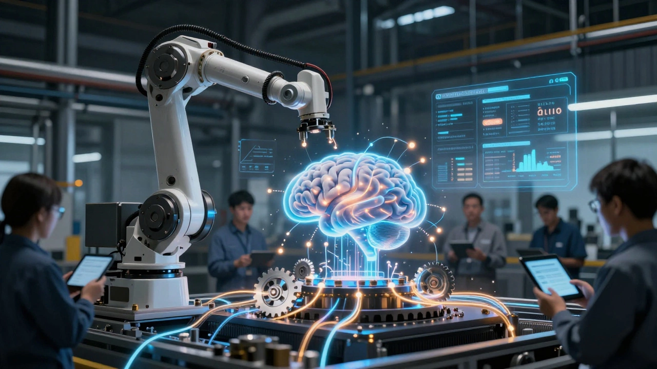 Завод как живое существо с данными, текущими от машин к облаку, подсвеченному голубыми и оранжевыми огнями.