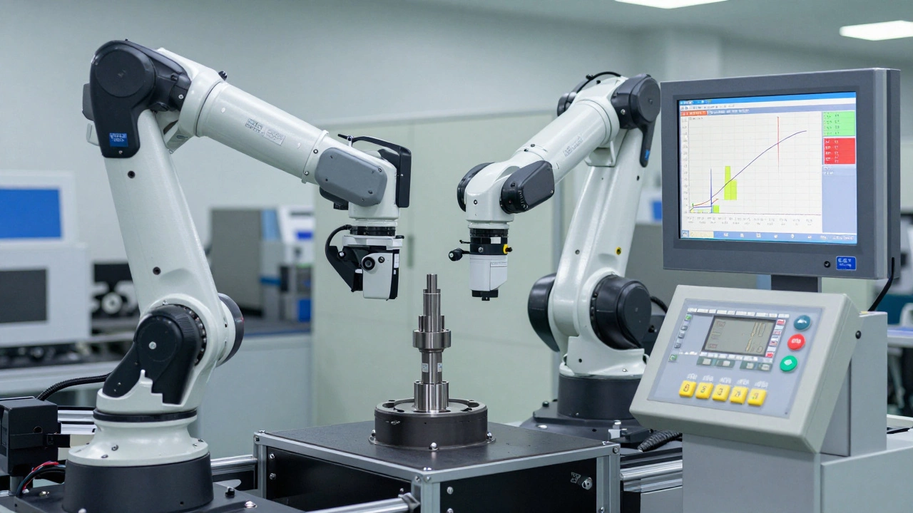 Автоматизированная система контролирует размер вала на производственной линии.