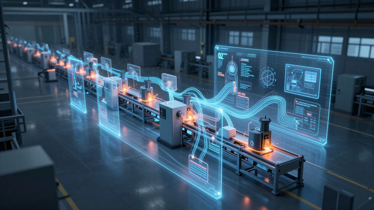 Цифровой двойник производственной линии в виде голографической проекции над реальными станками.
