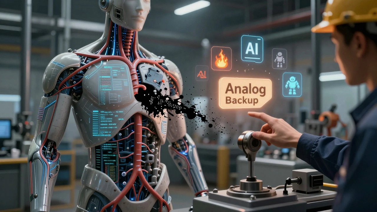 Фабрика как тело: цифровые потоки — вены, один разорван, рабочий тянется к ручному рычагу, вокруг — символы ИИ и пожара.