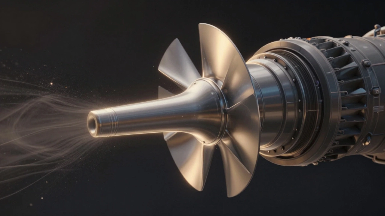 Гладкая криволинейная лопатка турбины, созданная с помощью NURBS-поверхностей, с потоками воздуха вокруг.