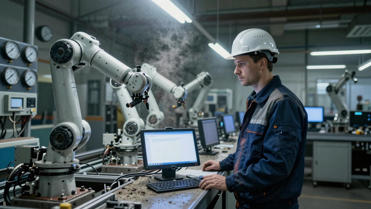 Инженер стоит перед остановленной производственной линией, на полу лежит сломанный планшет с ошибкой, вокруг — безжизненные роботы.