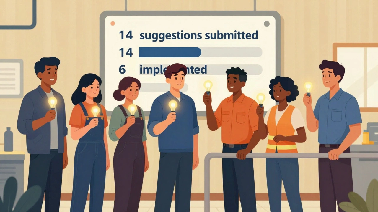 Команда работников держит лампочки — предложения по безопасности, на стене — прогресс внедрения, один останавливает нарушение.