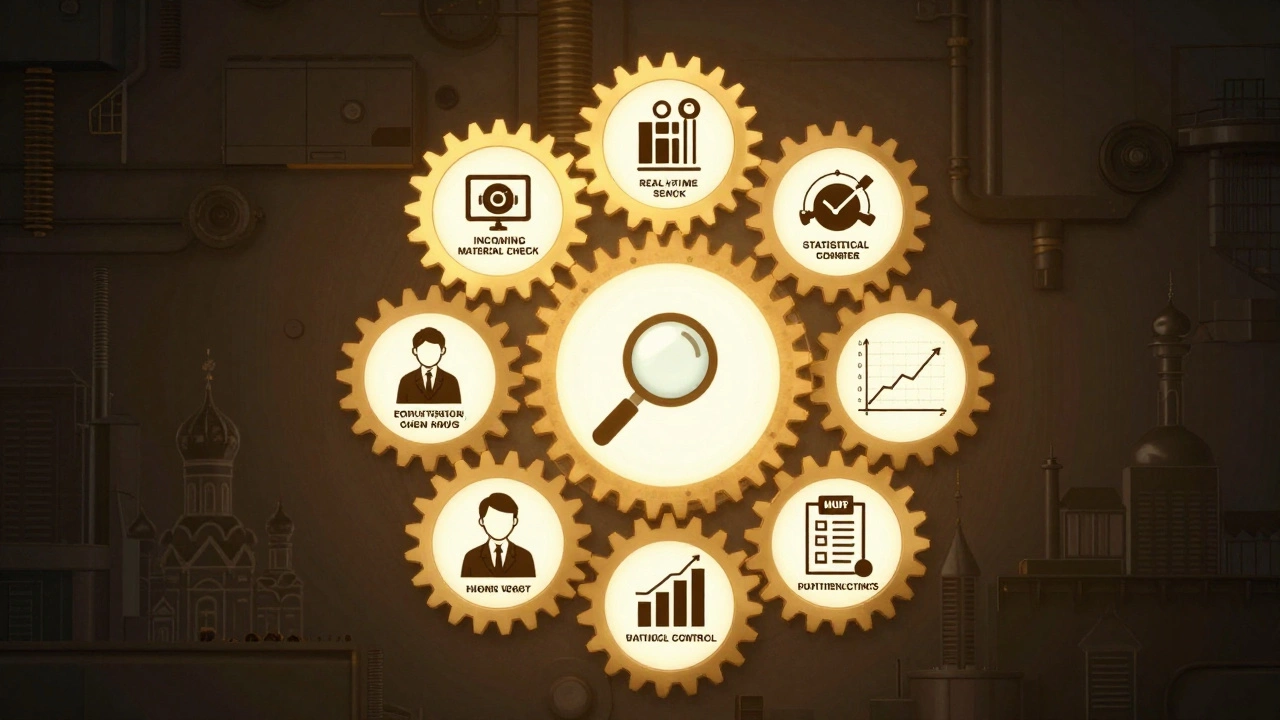 Круг из шести методов контроля качества, соединённых в виде шестерёнки.