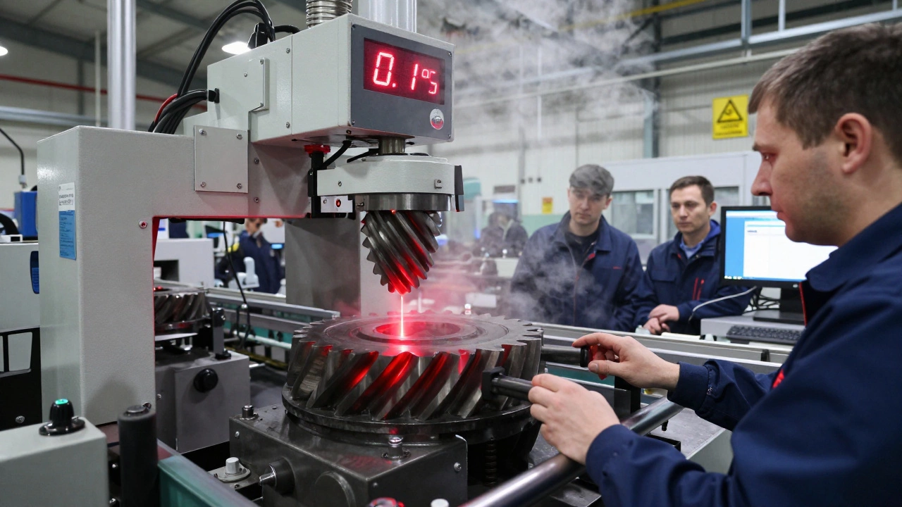 Лазерный сканер анализирует зубья шестерни на сборочной линии.