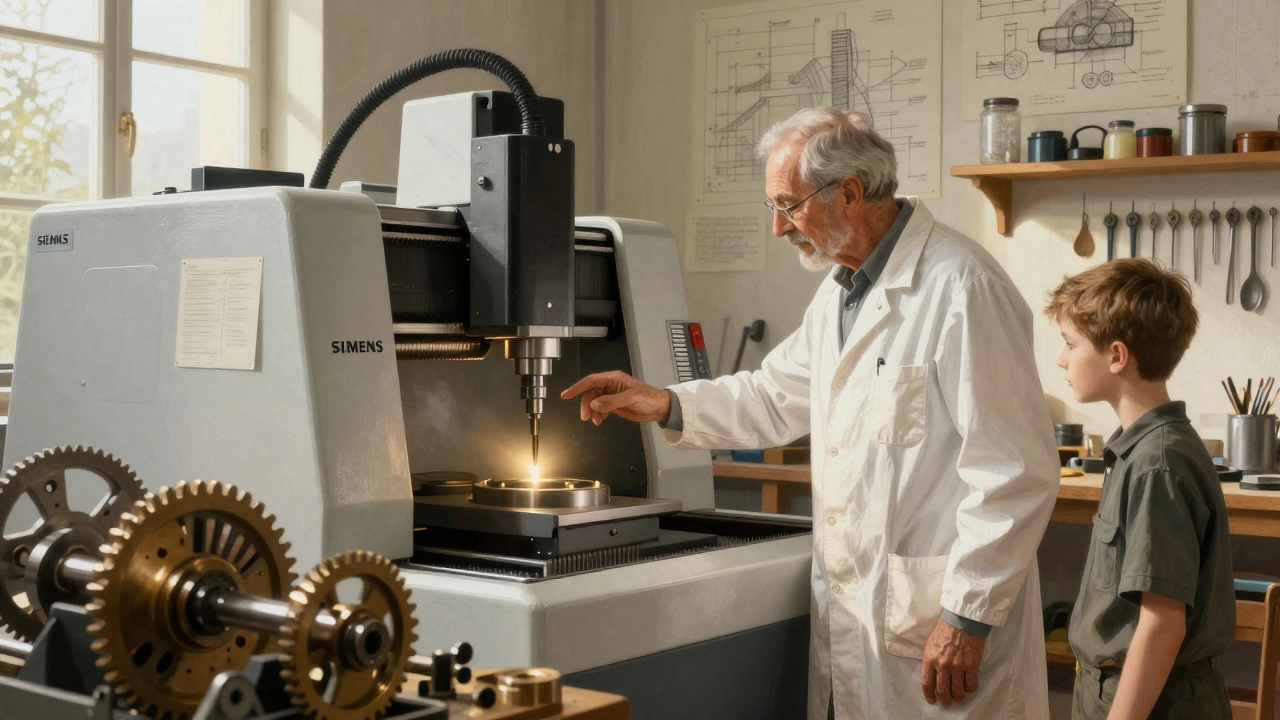Немецкий мастер и ученик у высокоточного станка в светлом цеху