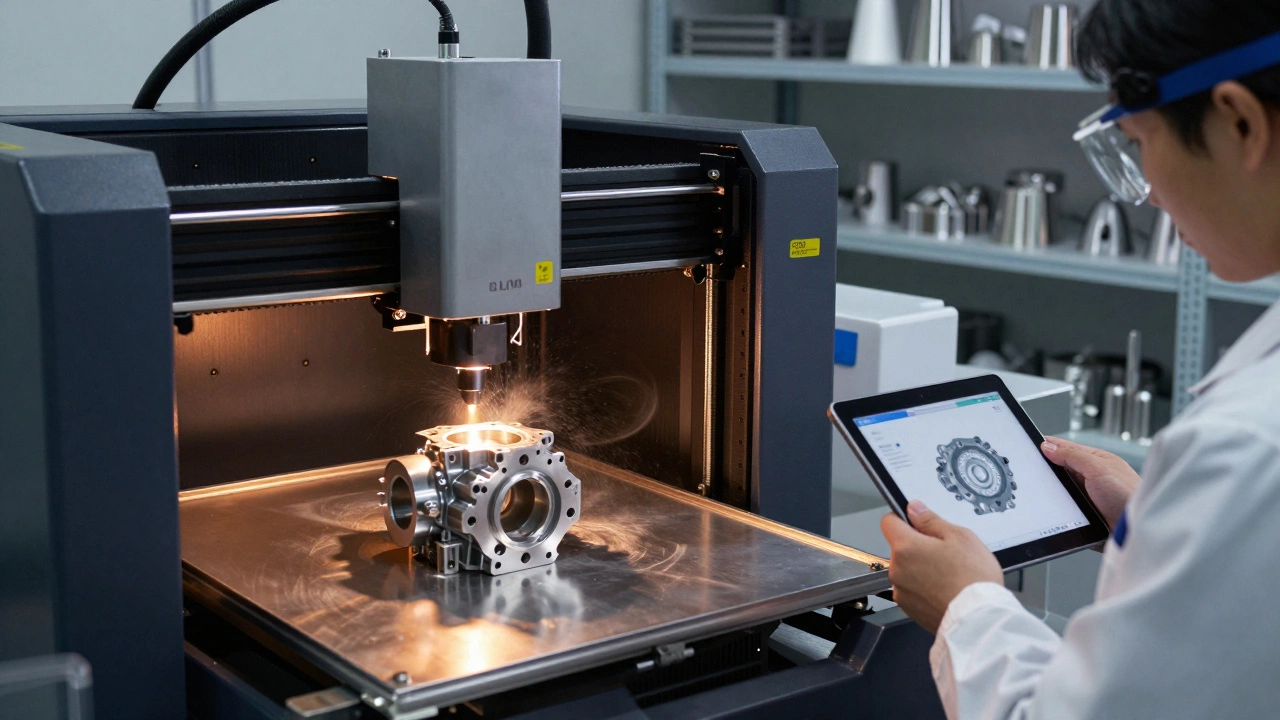 Промышленный 3D-принтер создаёт металлическую деталь методом SLM в лаборатории с прототипами на полках.