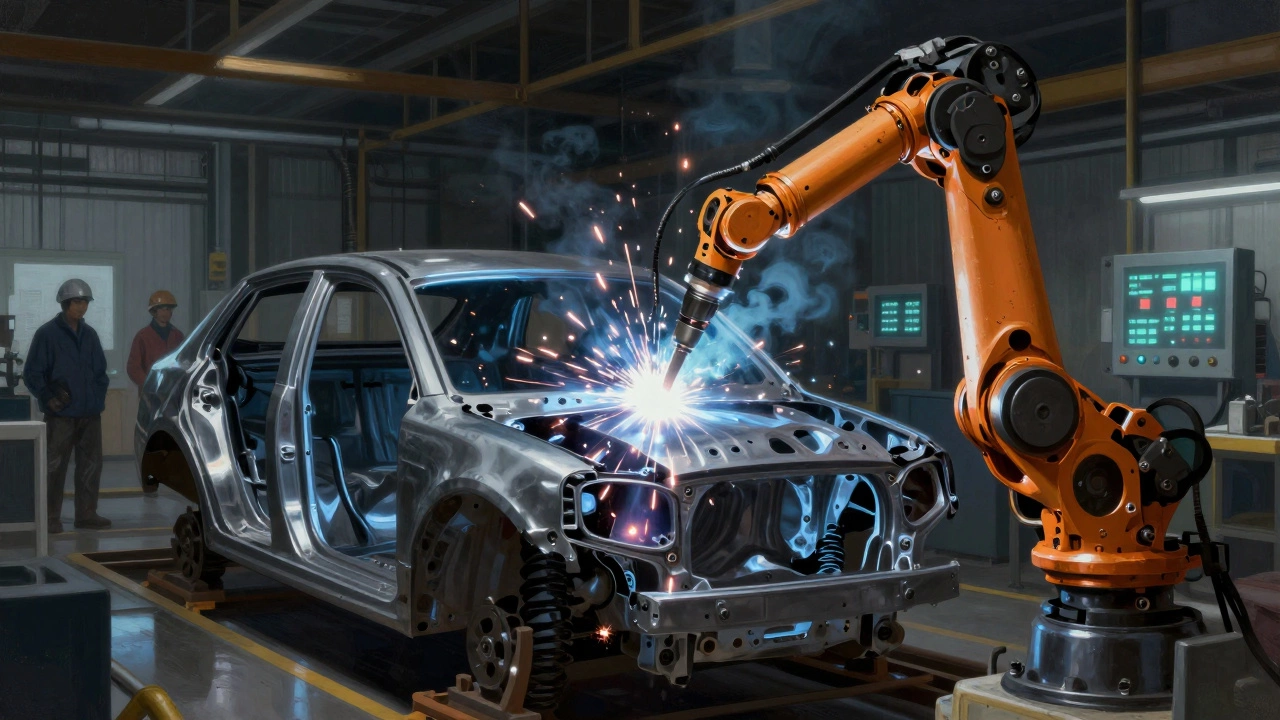 Промышленный робот сваривает детали автомобиля, искры летят в воздухе, рабочие наблюдают с безопасного расстояния.