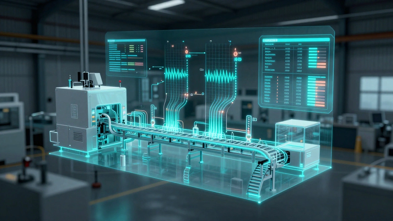 Прозрачная цифровая копия производственной линии, парящая над реальными машинами с потоками данных.