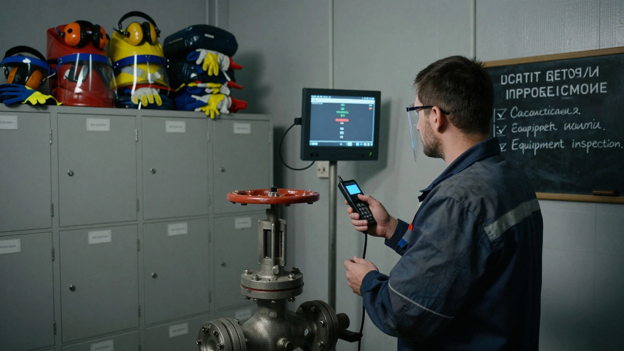 Рабочий проверяет клапан сенсором, на мониторе — предупреждение, в шкафу — средства защиты, на доске — ежедневные проверки.