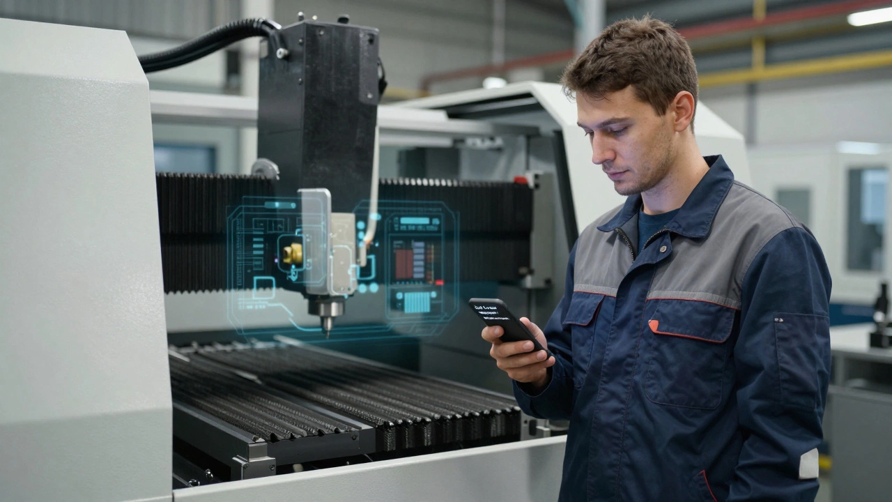 Рабочий смотрит на уведомление на телефоне, пока станок работает, вокруг — светящиеся цифровые компоненты.