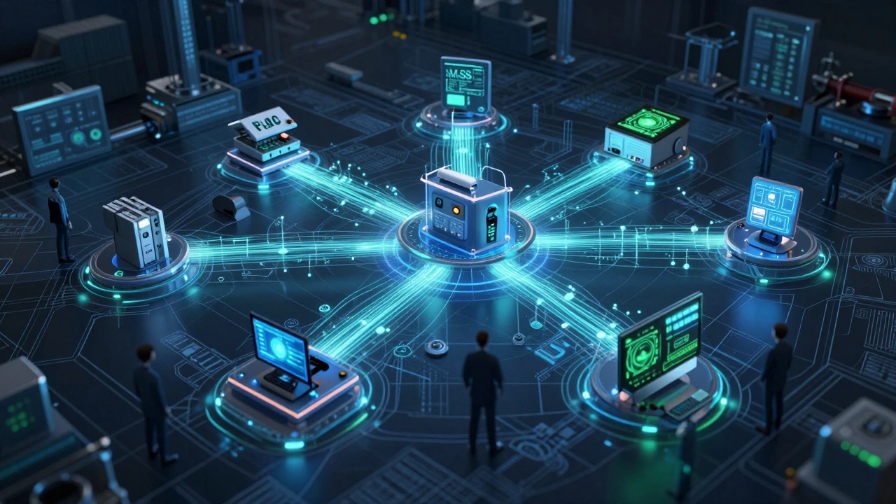 Схема интегрированной автоматизированной системы завода: потоки данных соединяют PLC, SCADA, MES и ИИ.