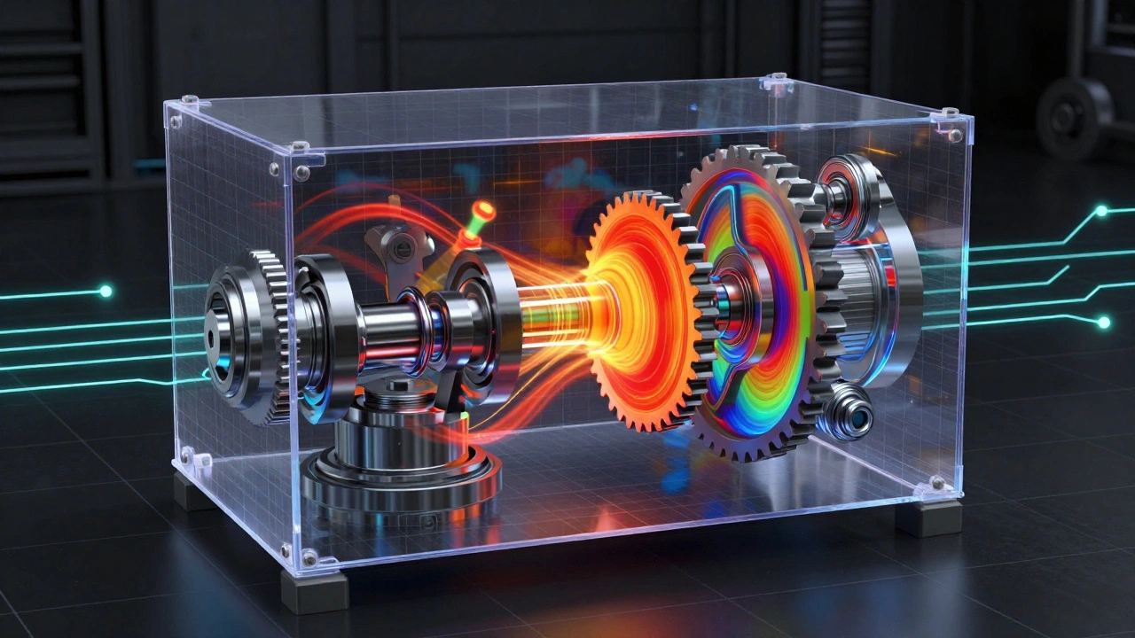 Виртуальная симуляция механической сборки с цветовыми картами напряжений и векторами движения.