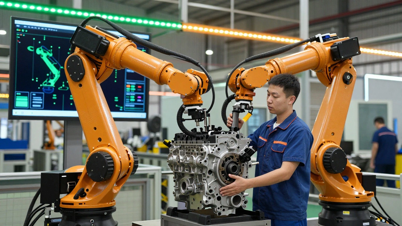 A collaborative robot helping a worker lift a heavy engine part, with a digital twin visible on a tablet.