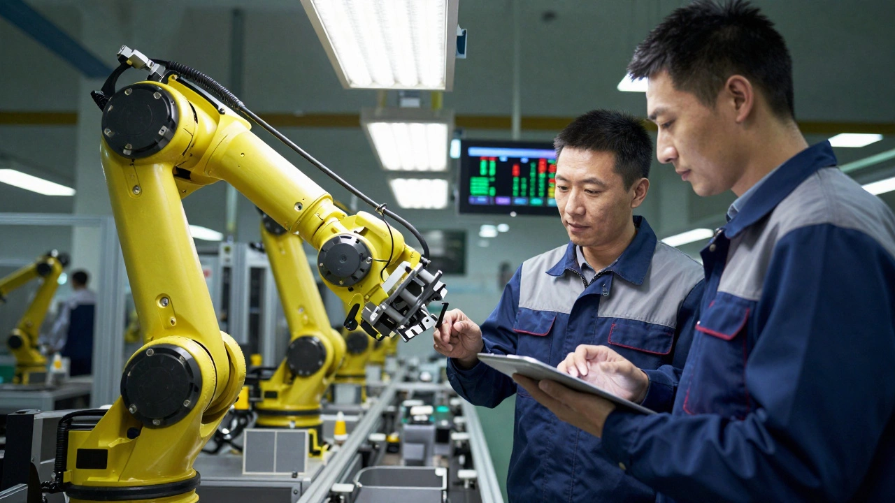 Человек и робот работают вместе на производственной линии, обмениваясь деталью без ограждений.