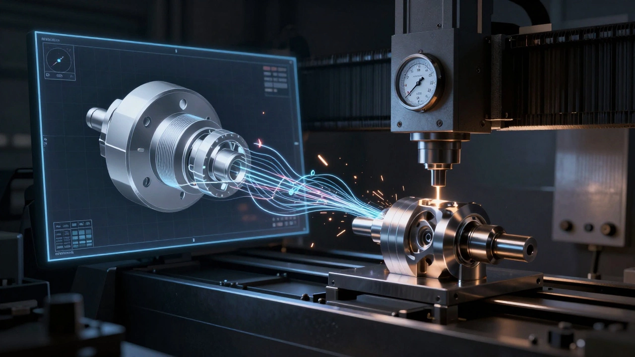 Цифровая модель детали превращается в физическую деталь на станке с ЧПУ, с техническими элементами в воздухе.
