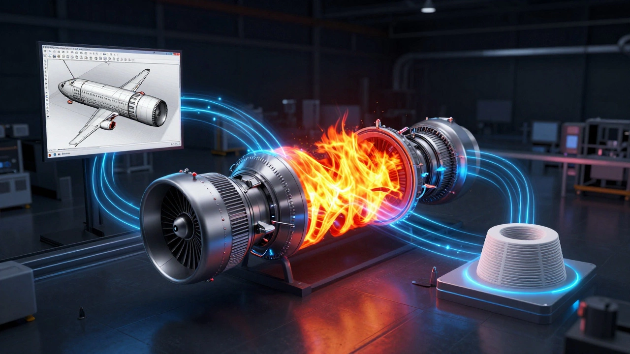 Цифровой двойник двигателя: от проектирования до 3D-печати, связанный потоками данных.