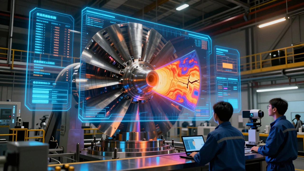 Цифровой двойник турбинной лопатки с наложенными данными температуры и напряжения, ИИ-камера обнаруживает трещину.