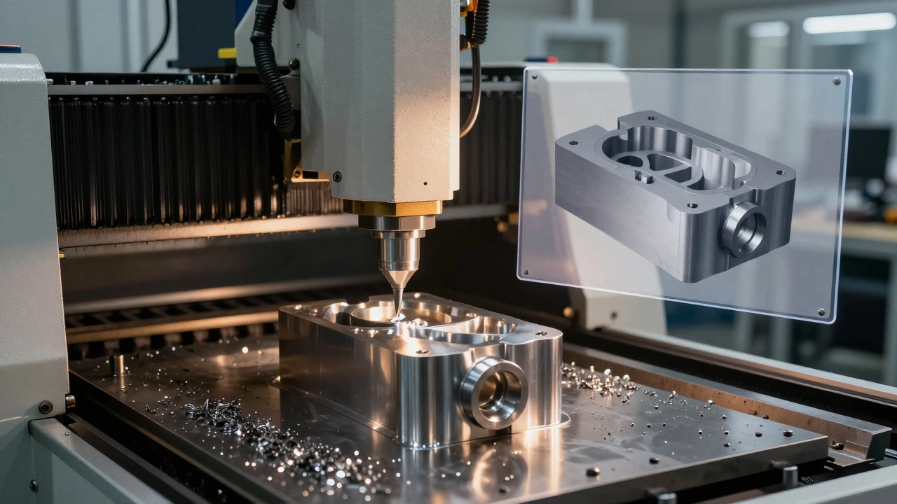 ЧПУ-станок изготавливает деталь по цифровой модели, рядом — её цифровой двойник.