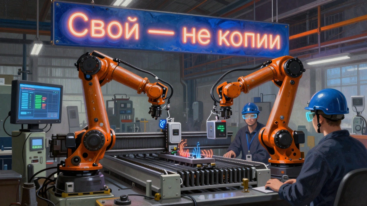 Фабричный цех с российскими ЧПУ-системами, датчиками и AR-очками, символизирующий технологическую независимость.