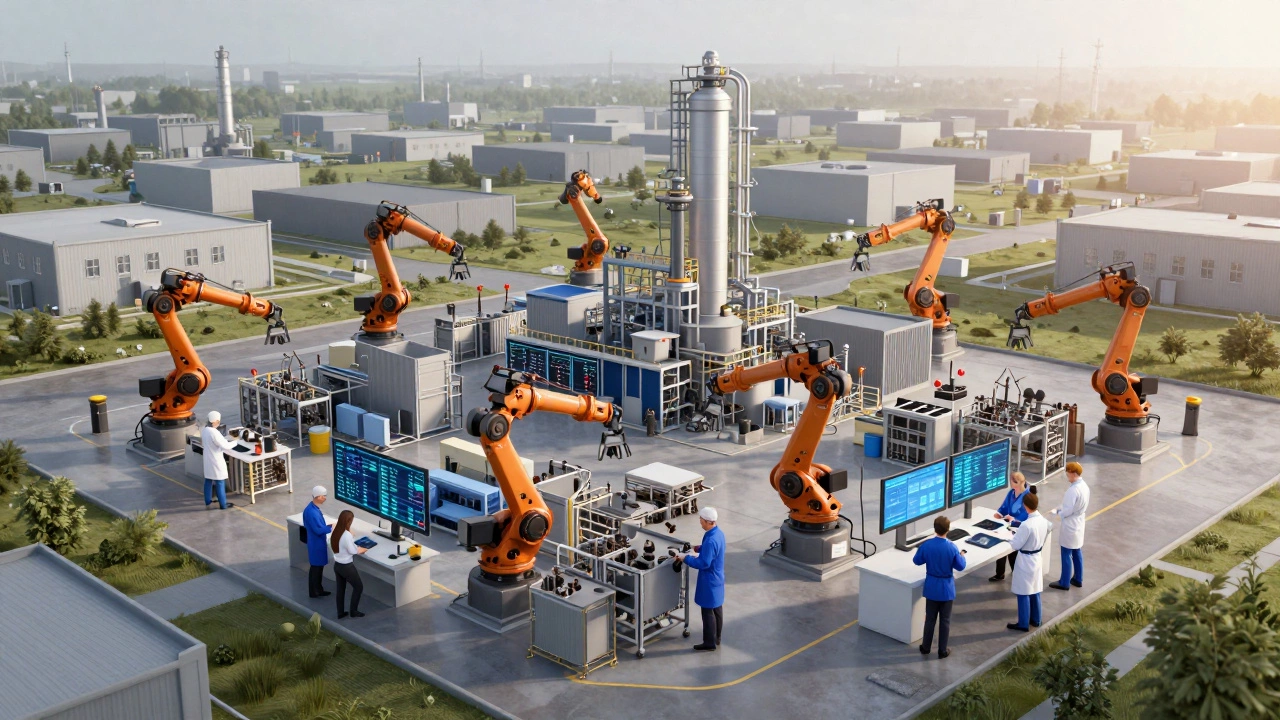 Группа заводов объединены в кластер: логистика, данные и сотрудники работают вместе под общим центром.