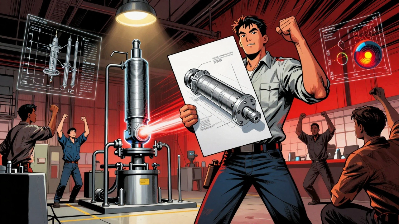 Инженер демонстрирует испытание гидравлического цилиндра под давлением 250 бар на производстве.