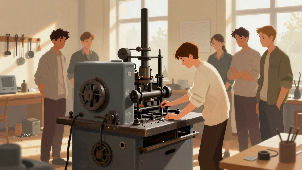 Молодые инженеры учатся на восстановленном прессе 1970-х годов в учебном центре в Казани.