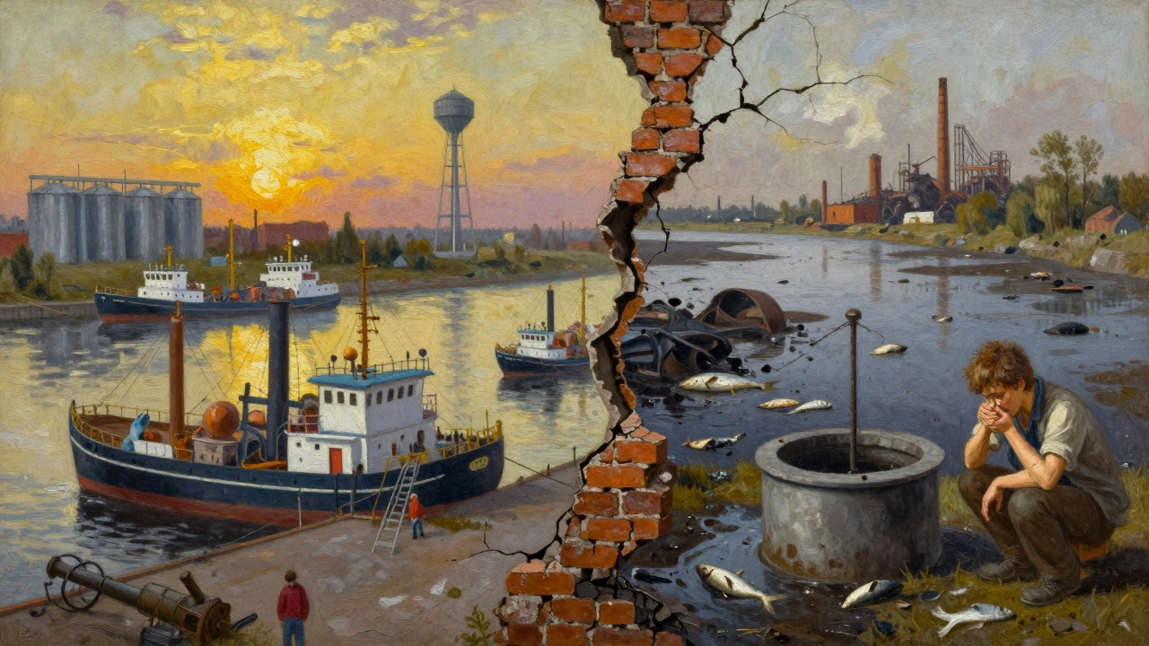 Разделённая сцена: с одной стороны — процветающий порт Самары, с другой — загрязнённая Волга и больные люди.