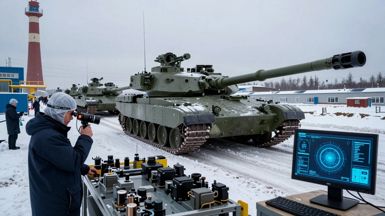 Сборочная линия танков Т-14 на заводе Уралвагонзавод в Челябинске с технологами и цифровыми интерфейсами.