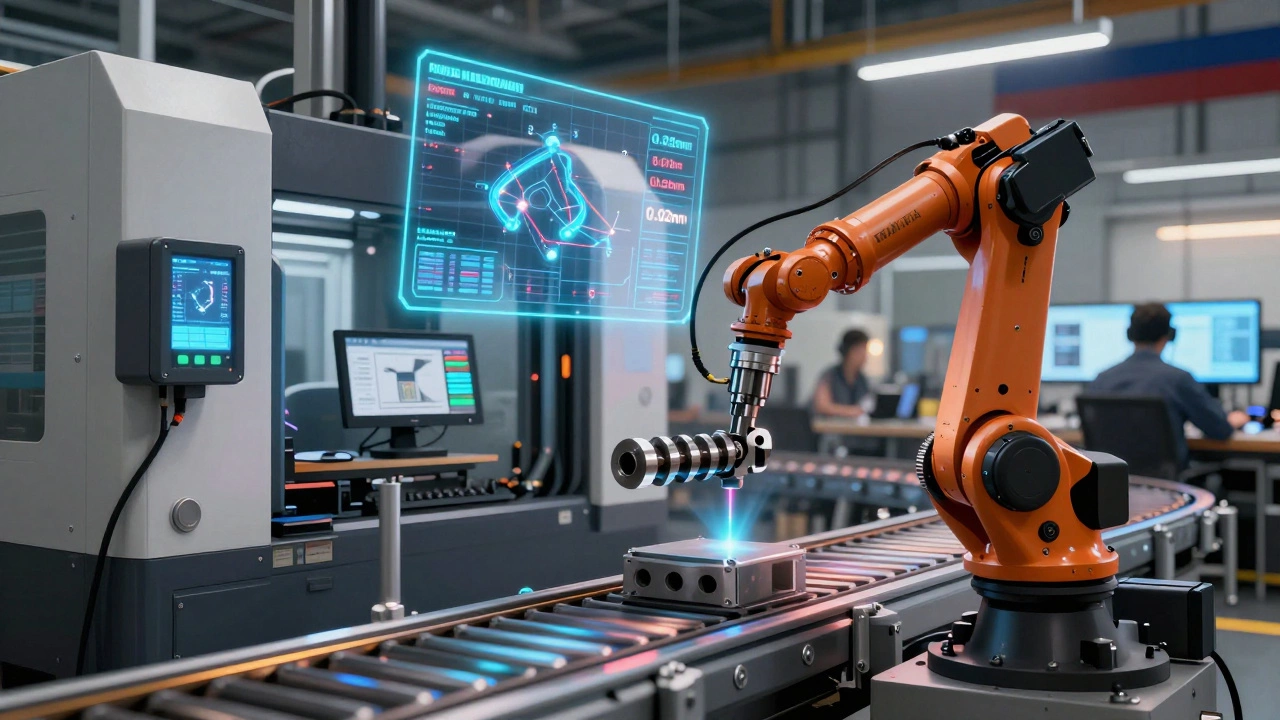 Современная сборочная линия с датчиками и лазерным измерением детали.