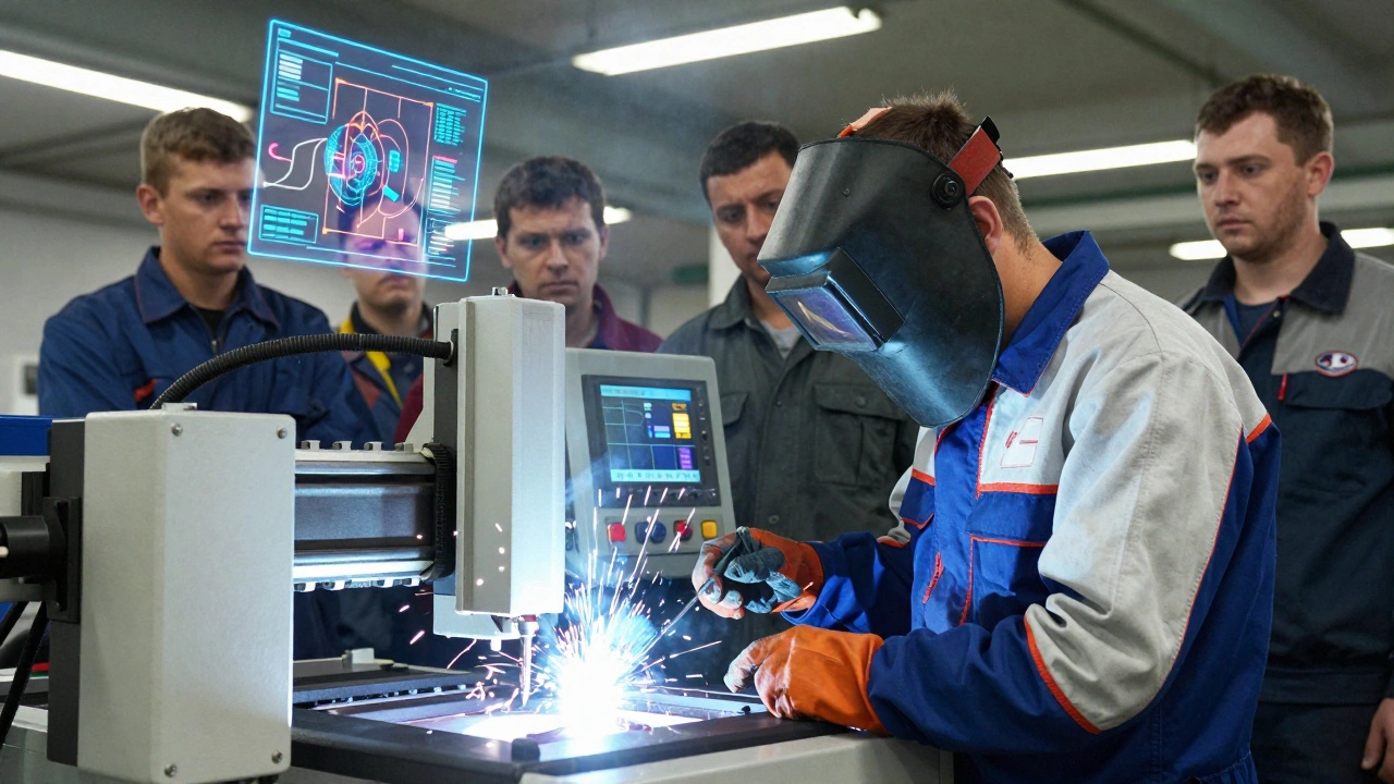 Сварщик работает с цифровым пультом, а коллеги смотрят в недоумении на новое оборудование.