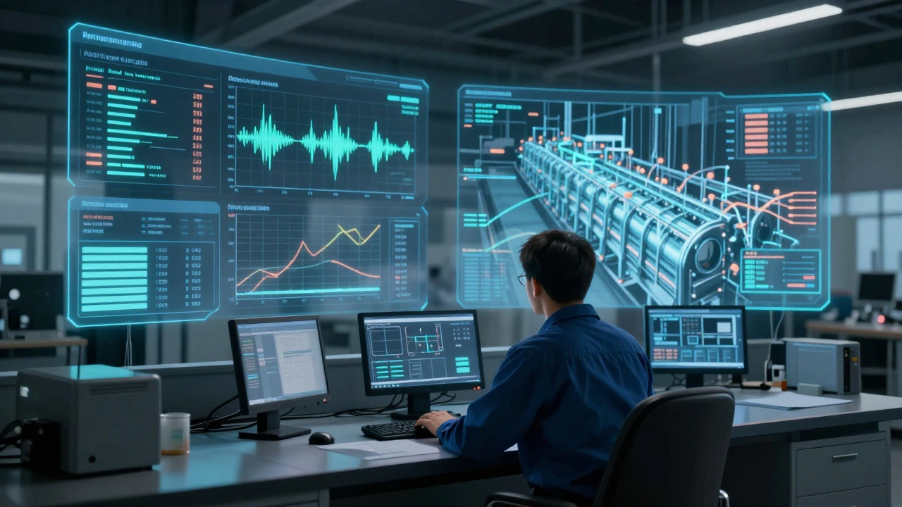 Техник в центре управления анализирует данные о состоянии оборудования на голографических панелях.