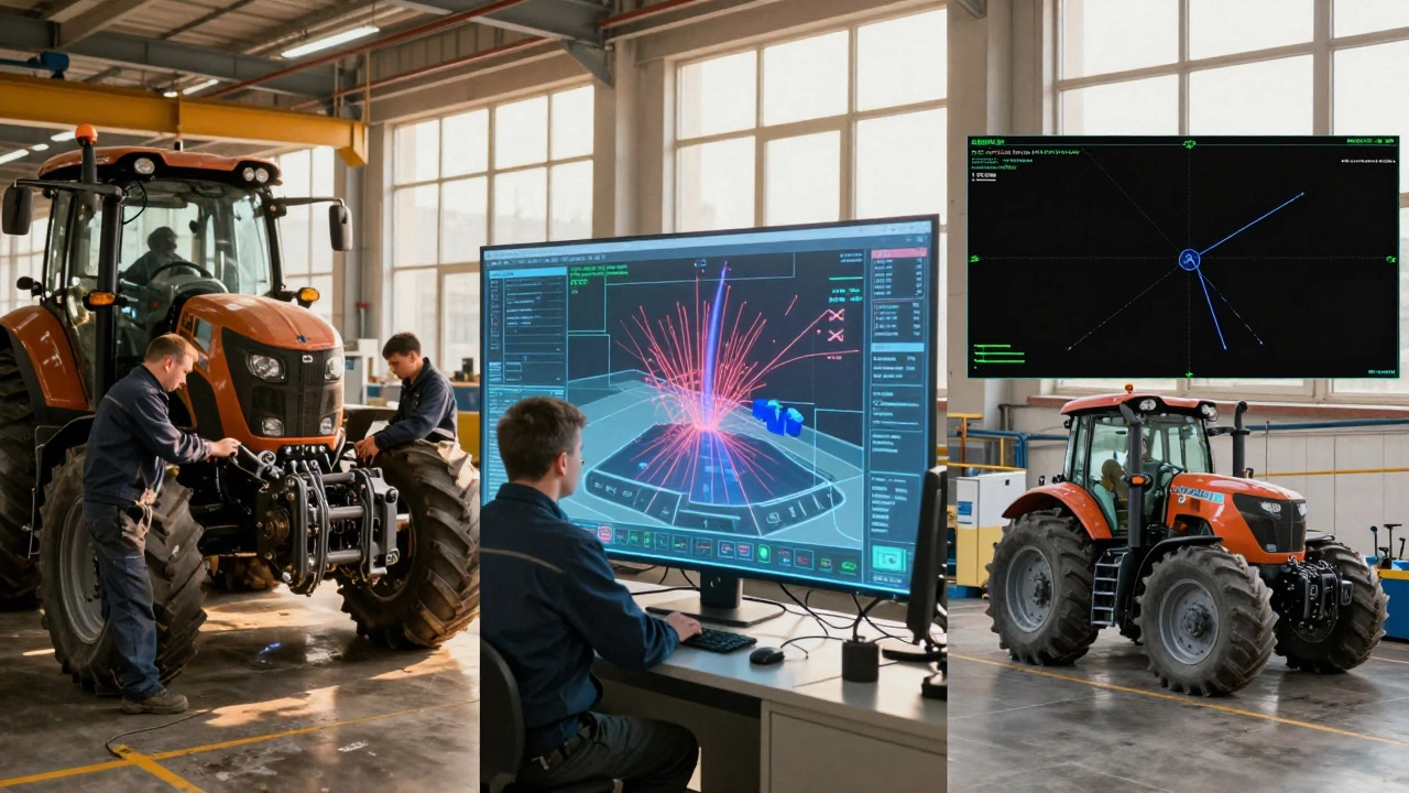 Три сцены: сборка детали, её симуляция в цифровом двойнике и сравнение прогноза с реальным результатом на заводе.