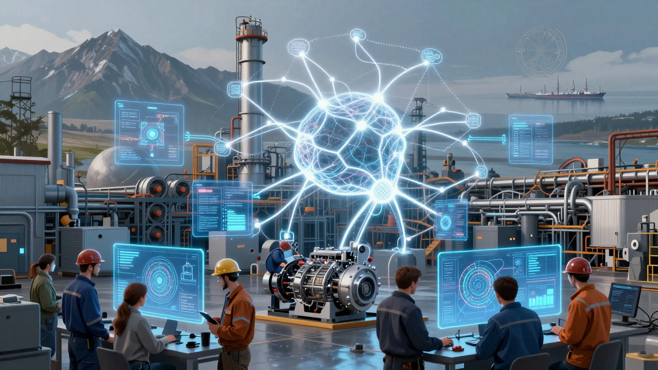 Цифровая сеть охватывает завод, соединяя людей и ИИ-модели, предсказывающие поломки оборудования.