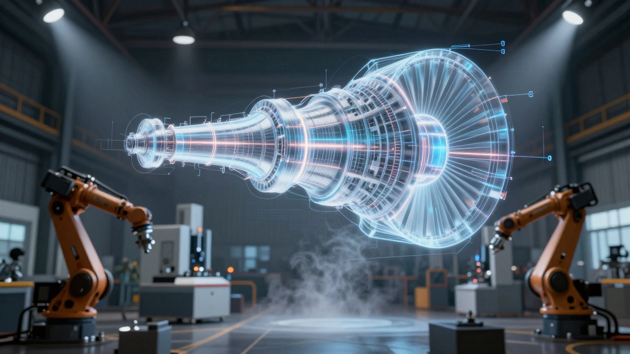 Голографический макет детали над производственным цехом.