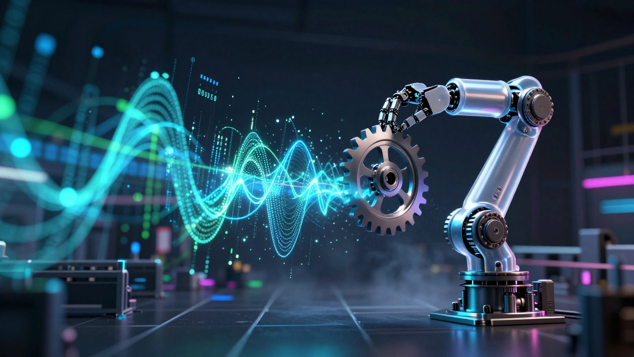 Художественная иллюстрация цифрового анализа производственных данных вокруг детали