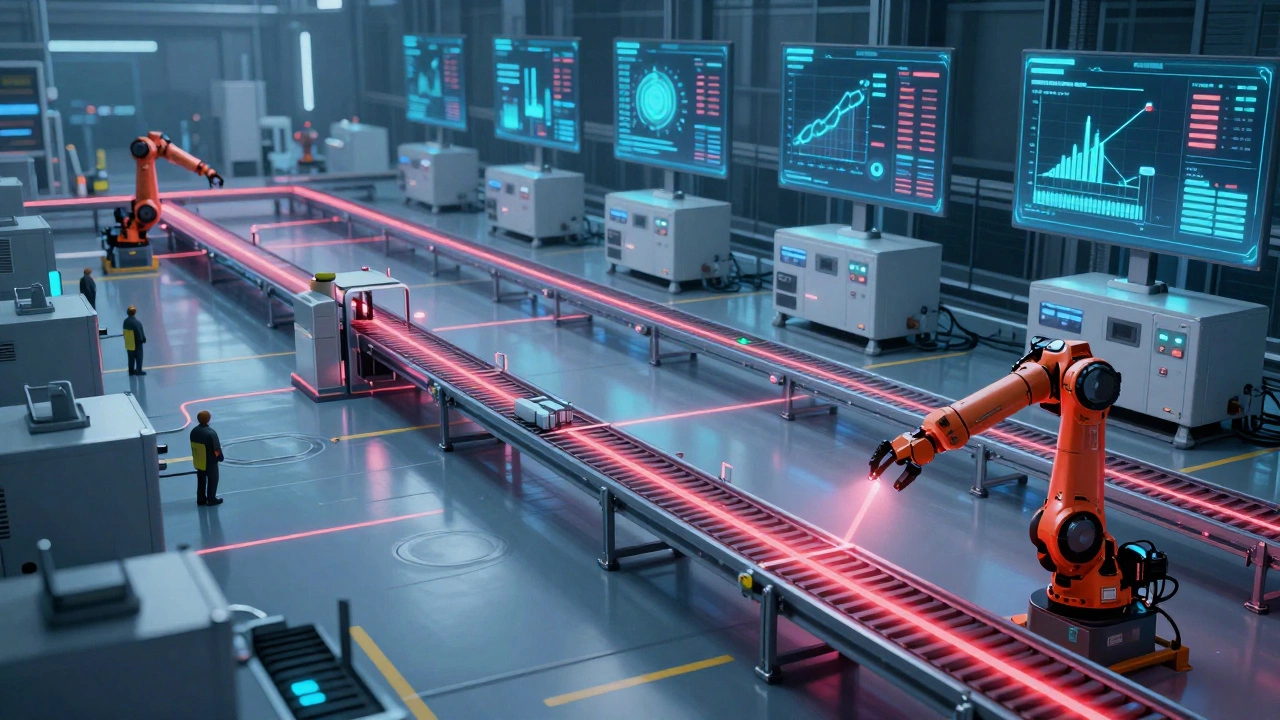 ИИ-система оптимизирует производство: цифровые потоки перенаправляют материалы вокруг остановленного участка.