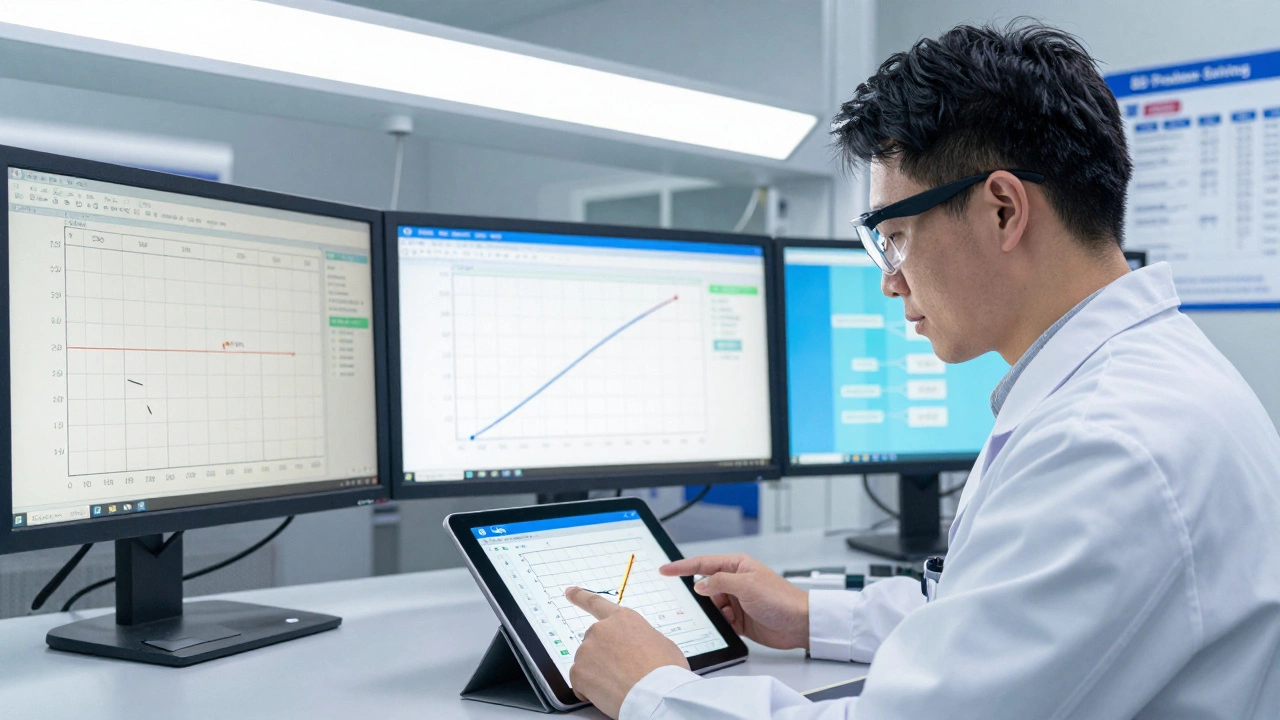 Инженер изучает статистические графики и диаграммы на экранах, решая проблему брака в производстве.
