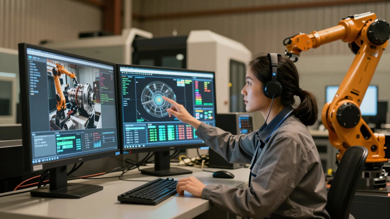 Инженер контролирует работу цифровых станков в умной производственной зоне.