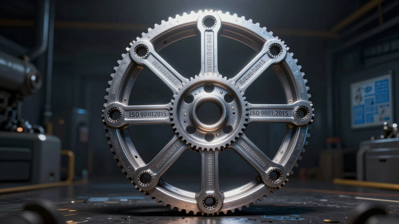 Колесо из семи шпилек, каждая из которых символизирует принцип менеджмента качества.