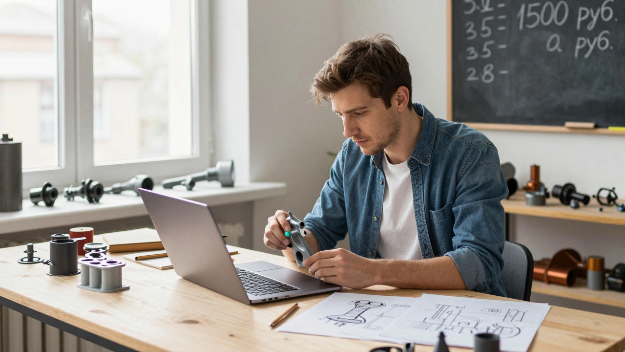 Мастер загружает 3D-модель крепления на сайт, окруженный прототипами и чертежами в своей мастерской.