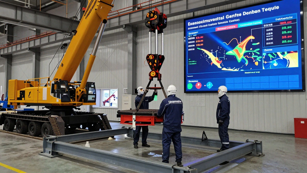 Рабочие собирают тяжелый кран на заводе «Уралмаш», рядом — проекция цифрового двойника с нагрузками.