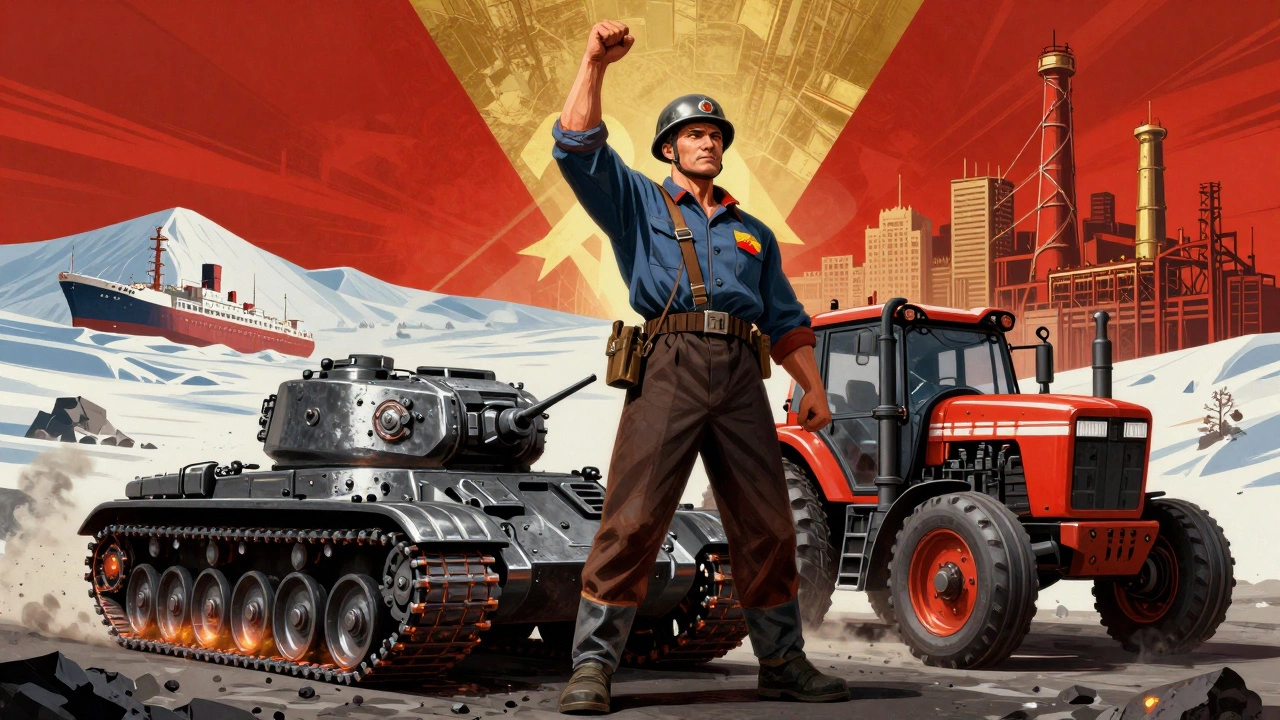 Рабочий в каске стоит рядом с танком и трактором, созданными из расплавленной руды, на фоне сибирской тундры.