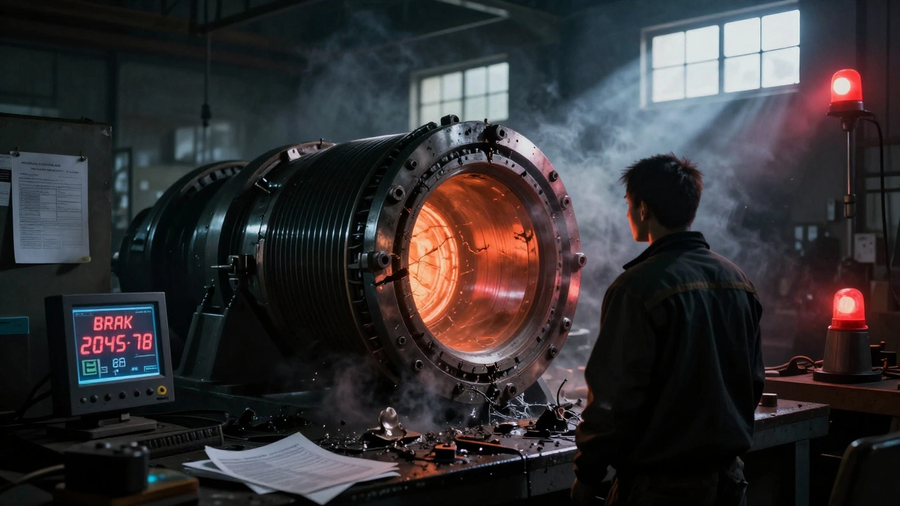 Разрушенный подшипник в цеху с сигнальными огнями и отчетами о браке на полу.