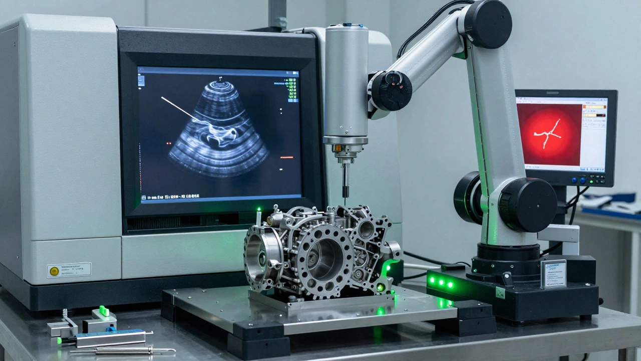 Роботизированная измерительная машина обнаруживает внутреннюю трещину в детали двигателя.