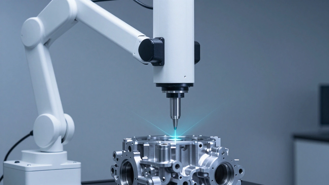 Роботизированная система проверяет точность детали на заводе.