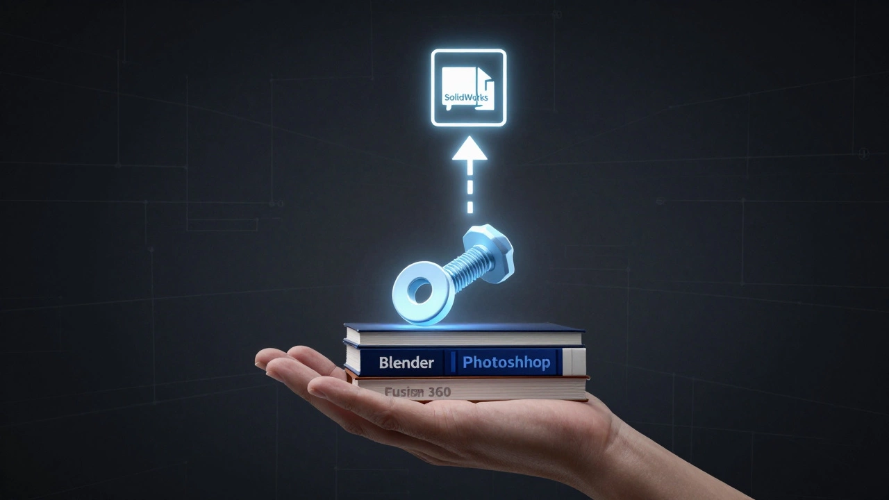 Рука берет 3D-модель болта, обходя книги с неподходящими программами, путь ведет к логотипу SolidWorks.